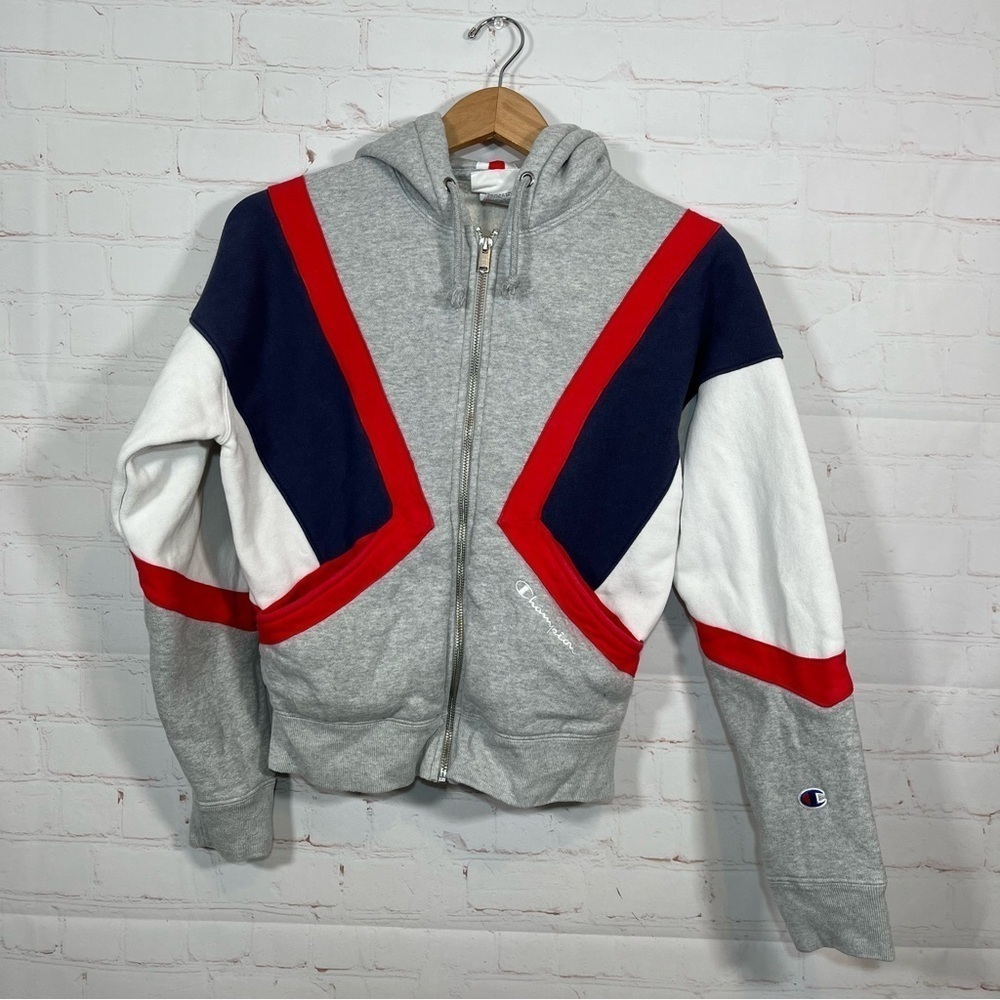 Vintage Champion Reverse Weave Color Block Hoodie Womens XS Fleece Full Zip
